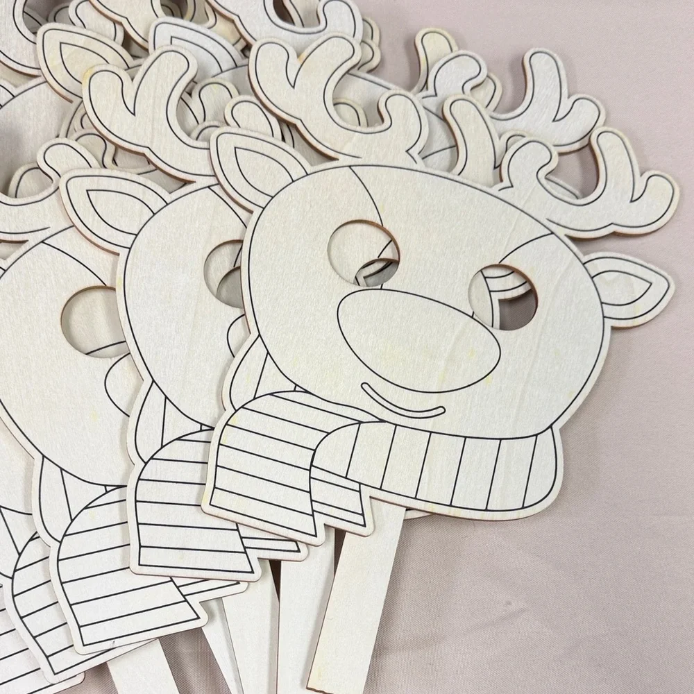 Blank Wooden Reindeer Mask Party Performance Props - Natural wood 11 pieces new